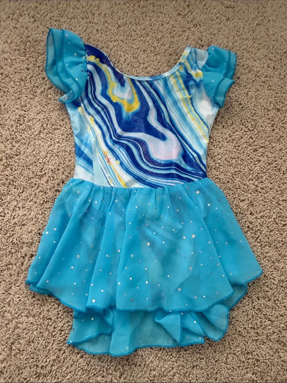 Amazon Arshiner size 130 Aqua Marble Print Dance Costume with Sparkle Leo Skirt